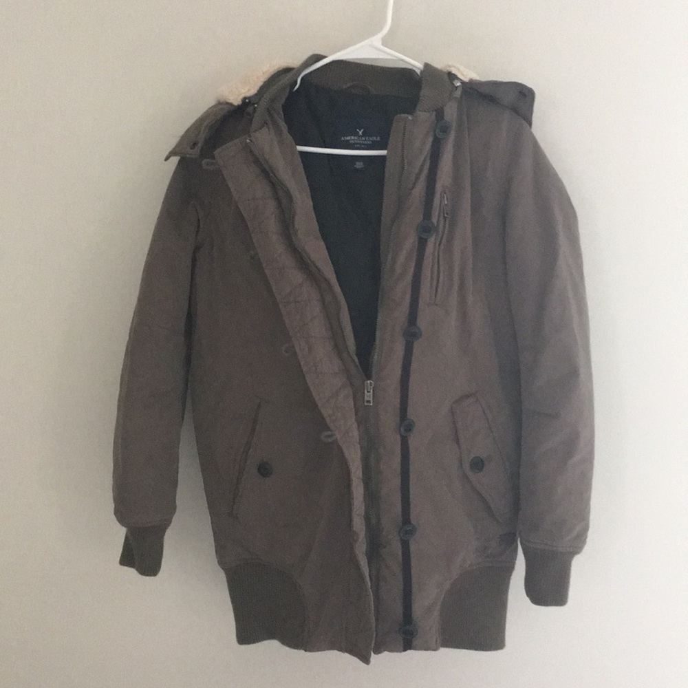 American eagle parka brown olive fur lined hood XS